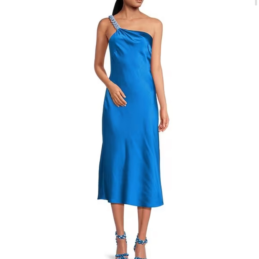 Gianni Bini One-Shoulder Satin Midi Dress in Blue